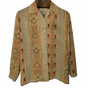 Bohemian Tapestry Baroque Patterned Button Down 70's Inspired Artsy Flowy
